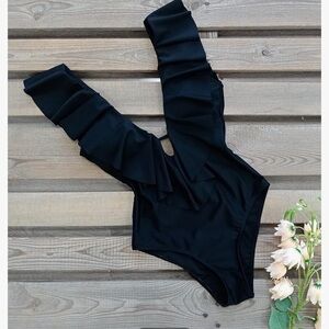 Stylish one piece v neck padded black swim suit